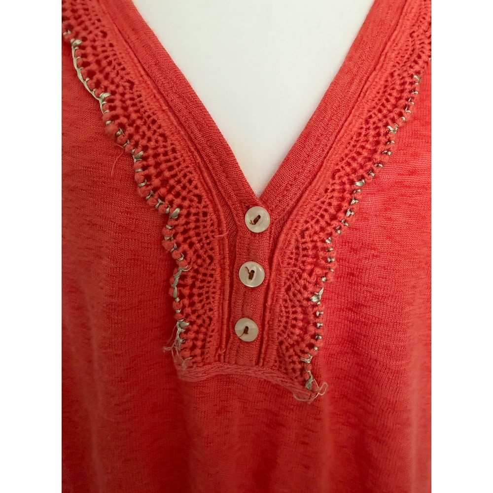 Free People Coral Pink Crochet Embroidered Henley Boho Long Sleeve Top Women M - Picture 6 of 15